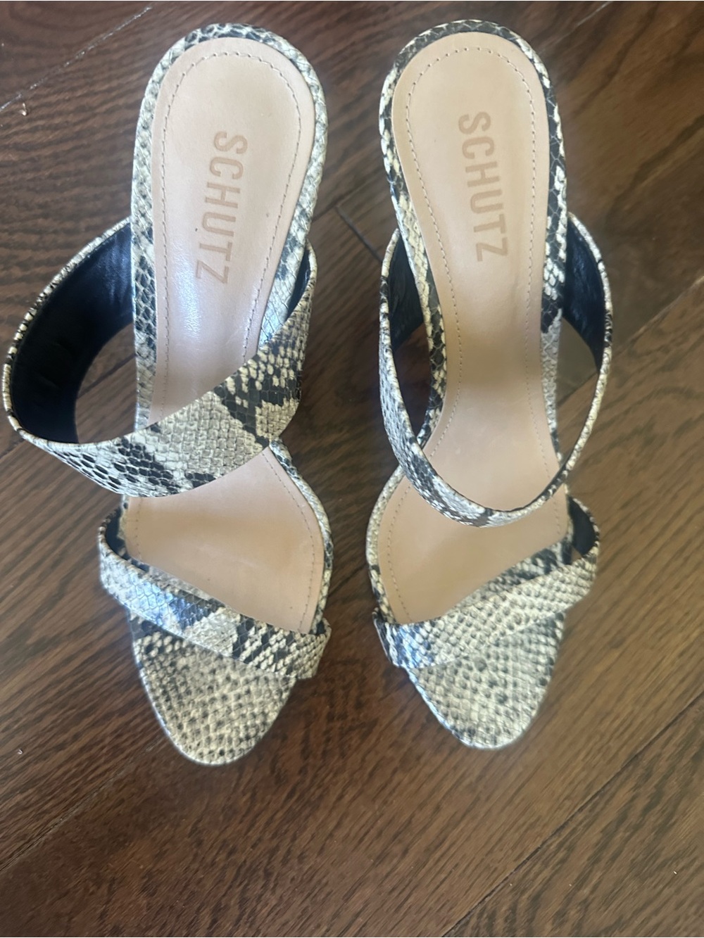 SCHUTZ Snakeskin-Print Slide Heels in Black and Cream